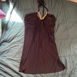 Short black halter dress with cute gold chain detail